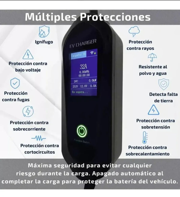 Cargador Auto Electrico 32a Tipo 2 Portatil Schuko 5m