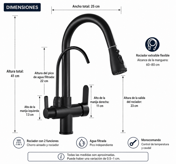 Monocomando 3 en 1 Apto para purificador Cobre