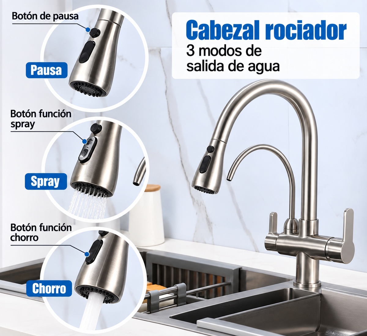 Monocomando 3 en 1 Apto para purificador Cobre