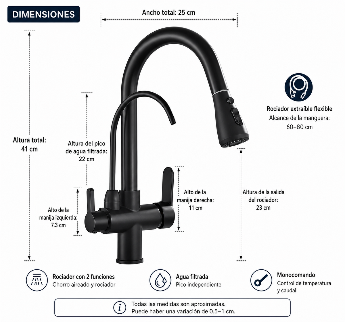 Monocomando 3 en 1 Apto para purificador Cobre